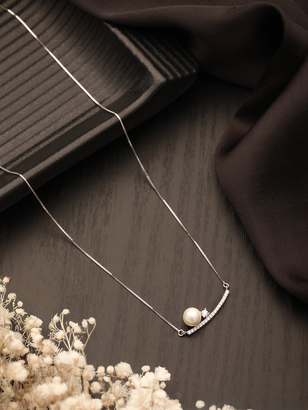 925 Sterling Silver Rhodium Plated Silver Bar Pearl Pendant Necklace & Chain